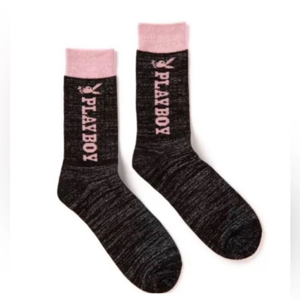 PLAYBOY Black and Pink Glittery Logo Crew Socks- NWT